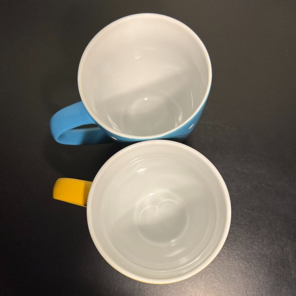 Set of 2 Blue Yellow Embossed White Polka Dot Ceramic Coffee Tea Cups Mugs - Picture 5 of 6